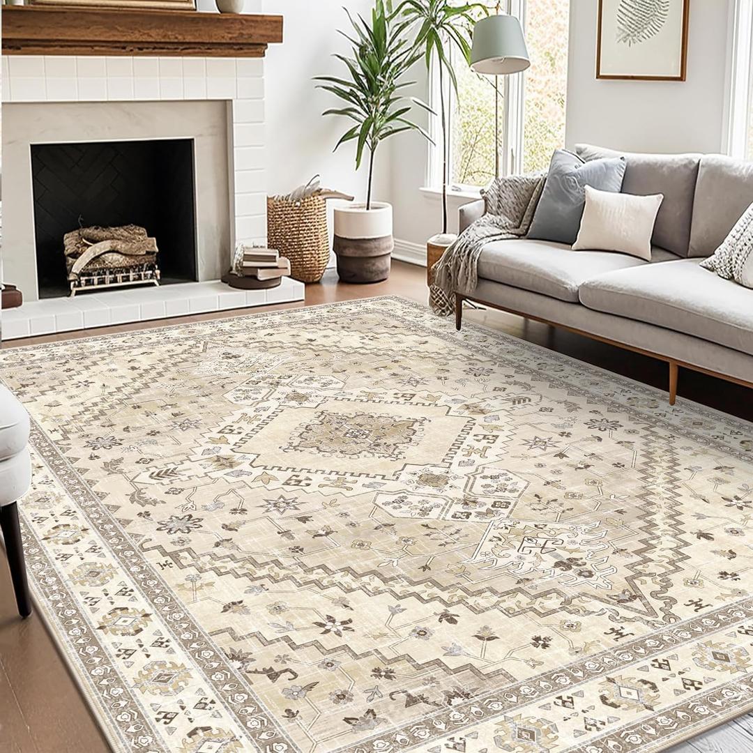 Yamaziot Washable Area Rugs 8x10  Large Non Slip Boho Vintage Rug for Living Room, Low Pile Floor Carpet Soft Distressed Rug for Living Room, Bedroom, Dining Room, Beige Brown