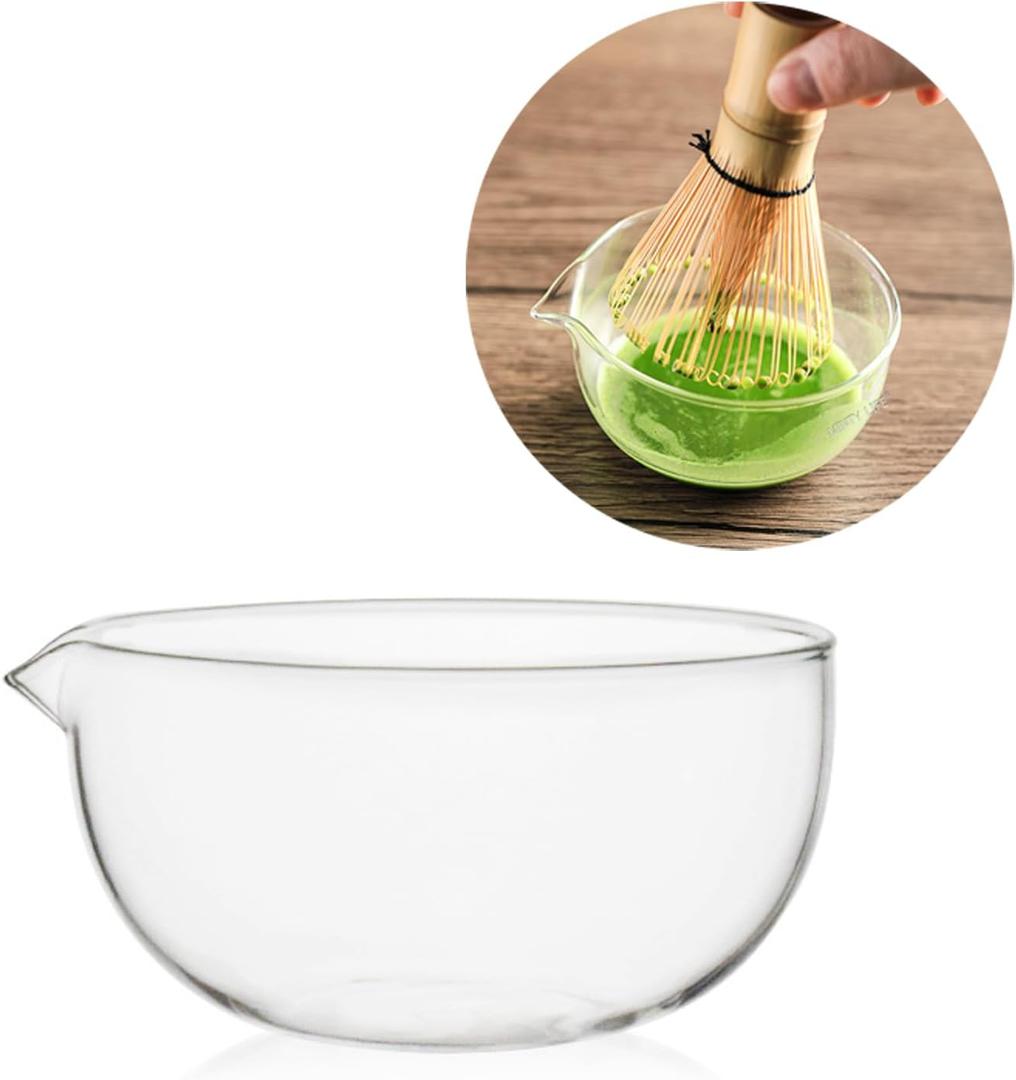 Glass Matcha Bowl With Pouring Spout, Ceremonial Mixing Chawan, 4.5 in, Clear Japanese Style Matcha Green Tea Cup, Hammer Spouted Matcha MixerMatcha BowlsGlass, transparent, no lines (370ML)