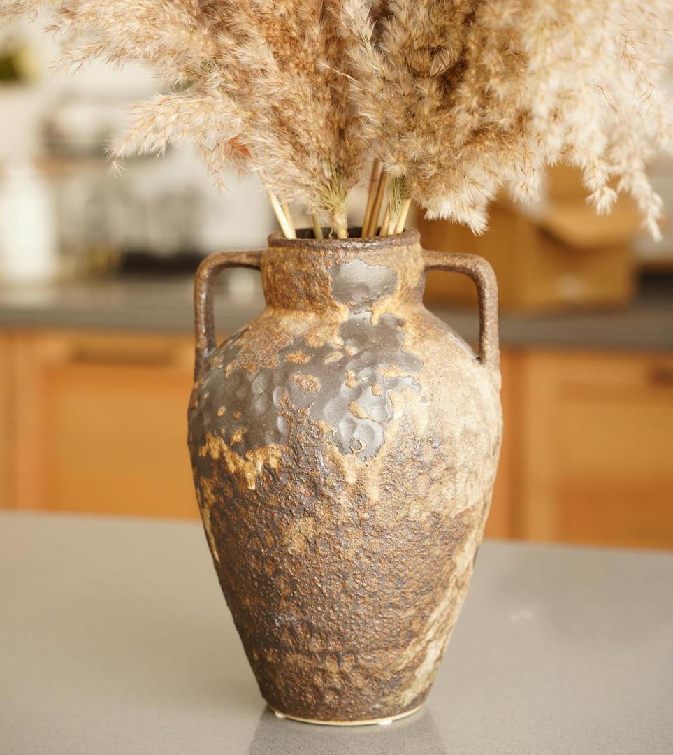 Ceramic Rustic Vase for Home Decor - 9.8Inch Handmade Farmhouse Vases,Decorative Vase for Living Room,Centerpieces,Mantels - Vantage Brown