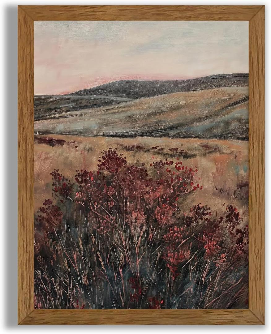 JLTULT Framed Vintage Landscape Canvas Wall Art, Maroon Flower Scenery Paintings Wall Decor, Maroon Dark Wildflower Picture Art Prints for Living Room Bedroom Office Decoration 8x10 inch Easy to Hang