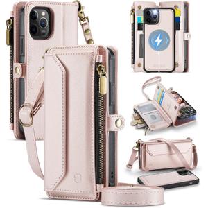 Strapurs for iPhone 12 / iPhone 12 Pro Detachable Wallet Case Compatible with Magsafe, RFID Blocking 9-Card Holder Zipper Strap Lanyard PU Leather Magnetic Phone Case for iPhone 12 6.1", Rose Gold