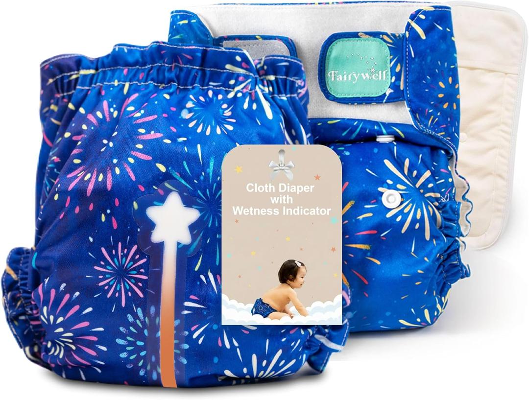 Reusable Cloth Diapers with Wetness Indicator, Swim Diaper, 1 Waterproof Skin Friendly CoversInsert One Size Adjustable Washable Diapers for Newborns, Baby (11-33 pounds, 0-3 Years, Firework)