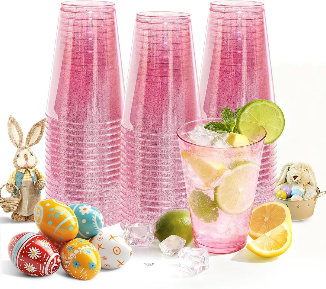 50 Pack Plastic Cups Disposable 12 oz Pink Glitter Party Cups for Cocktail Fancy Clear Plastic Cup Drinking Cups for Easter Birthday Wedding Graduation
