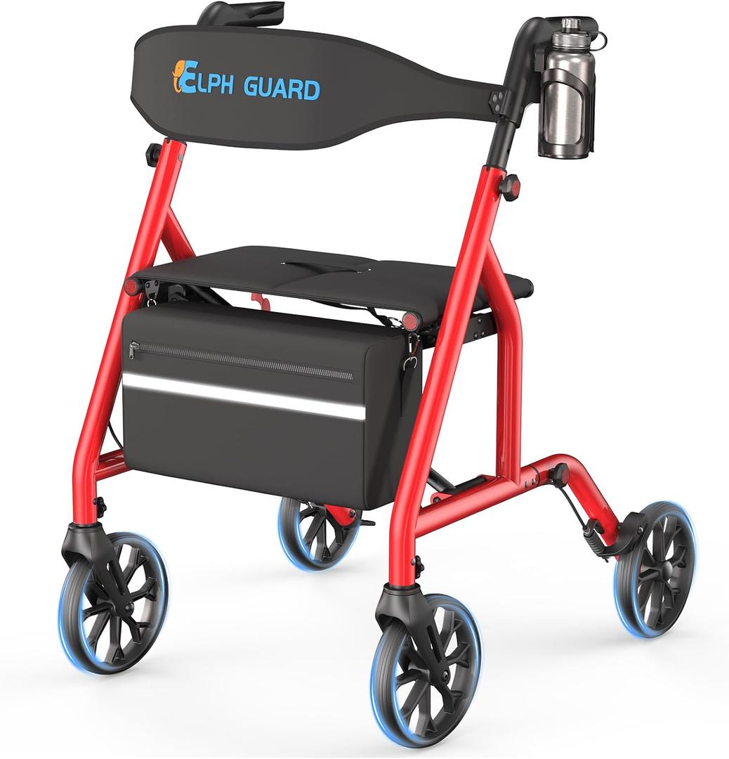 Foldable Rollator Walkers for Seniors with Seat, 8" TPR Wheels 350lb Capacity, 17.5" Padded Seat & Backrest, 7-Level Tool-Free Height Adjust, Quick Fold, Storage Bag & Cup Holder, Red