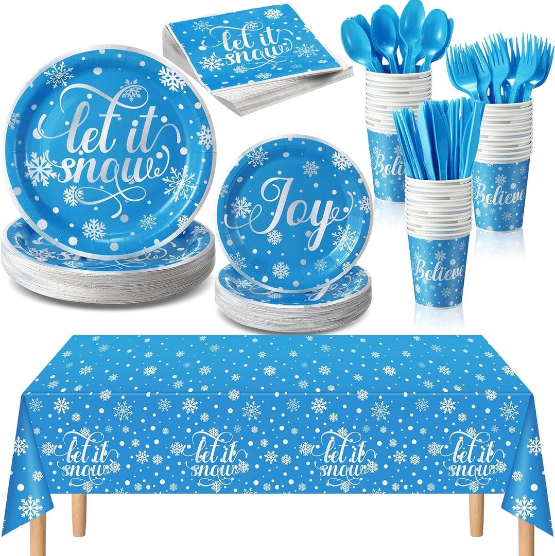 352 Pcs Snowflake Party Tableware Set Disposable Winter Frozen Birthday Party Wonderland Dinnerware Christmas Snowflake Tablecloth Plates Napkins Cups for 50 Guests(Blue)