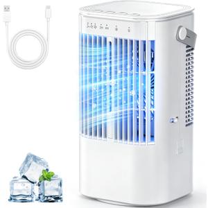Portable Air Conditioners 4-in-1 Mini Small Air Conditioner Evaporative Air Cooler Fan with 1000ml Water Tank 3 Speeds 7 LED Lights Personal Mini AC with Timer for Bedroom Desktop Home Office (White)