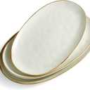 famiware Serving Platter, Oval 15.59/14.3/12.9inch Serving Dishes for Entertaining, Serving Bowls, Microwave Safe, Stoneware Serving Trays for Party, Food, Turkey, Cheese, Ocean Series, Vanilla White