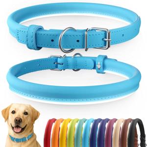 CollarDirect Reflective Rolled Leather Dog Collar, Soft Padded Round Puppy Collar, Handmade Genuine Leather Collar Dog Small Large Cat Collars (15-19 Inch, Light Blue)