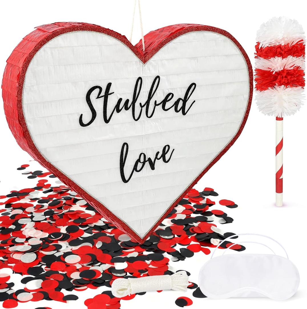 Red Heart LOVE Pinata with Stick and Blindfold, Romantic Party Supplies for Wedding, Anniversary, Bridal Shower, Birthday Decor, Large Paper Mache Candy Filler for Engagement & Surprise Proposal