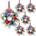 6 Pcs Patriotic Wreath Mini 4th of July Hanging Wreaths for Cabinets Artificial Red White Blue Tulip Berries Memorial Day Wreaths Pillar Candle Holder Wreath for Independence Day Porch Wall Decor