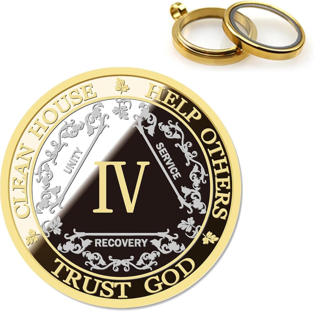 3 x Affirmation Sobriety Coin Gift Set | Silver & Gold AA Chip Medallion with Token Capsule, Stand & Card | Sobriety Gifts for Anniversary Month & Year for Men & Women in Recovery (Four Years)