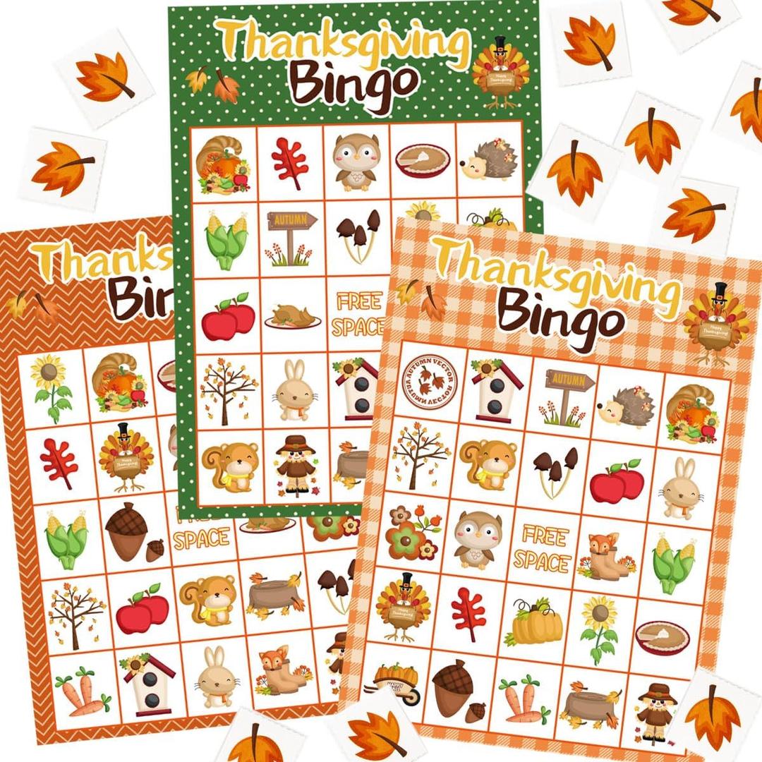 Fancy Land Thanksgiving Bingo Game for Kids 24 Players 8 Designs Multi Color Holiday Fall School Activity Party Game Supplies