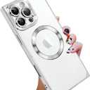 KANGHAR Case Designed for iPhone 16 Pro Max Case Magnetic Clear with Camera Lens Protector[Compatible with MagSafe] Luxury Cute Plating Design Full-Body Shockproof Protection Cover Sliver