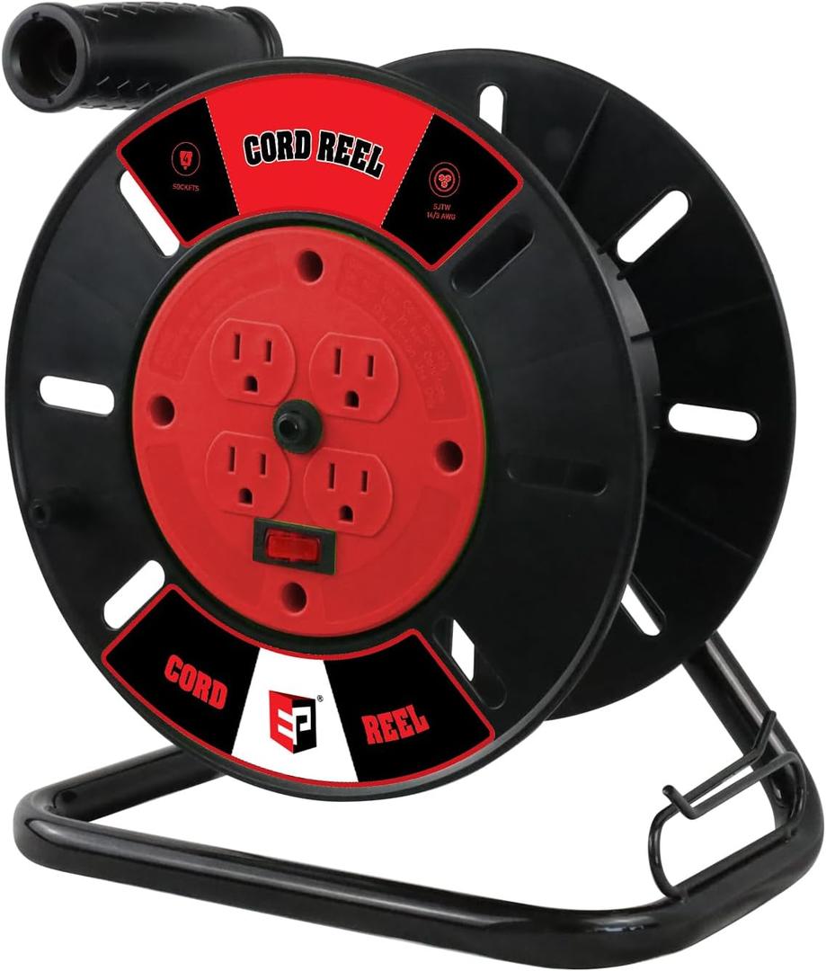 EP Extension Cord Storage Reel with 4-Grounded Outlets, Heavy Duty Open Cord Reel for 12/3 14/3 16/3 Power Cords, Portable Empty Hand Crank Electric Cord Roller Holder, Red