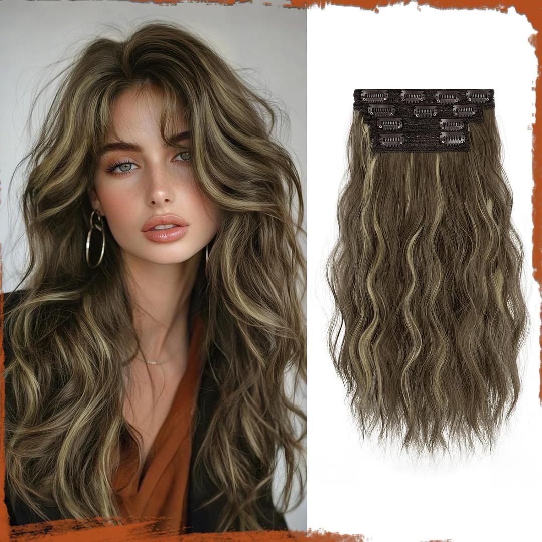 Sofeiyan Brunette Mixed Ash Blonde Hair Extensions 16 inch Clip in Highlighted Hair Extensions 4PCS Synthetic Fake Hair Soft Natural Hairpiece 140g Curly Thick Hair Extension for Women