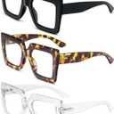 REAVEE 3 Pack Oversized Reading Glasses for Women Large Frame Extra Wide, Blue Light Blocking Stylish Thick Square Readers