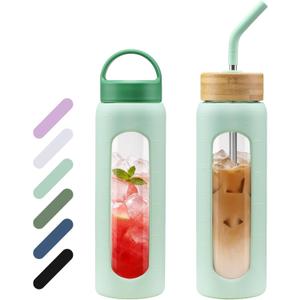 WINSA 24 oz Glass Water Bottle, Glass Tumbler with Straw, Reusable Drinking Bottles with 2 Lids-Handle Lid&Bamboo Straw Lid, Silicone Sleeve, for Sports, Home,1 Pack-Mustard