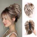 Ponytail Extension Synthetic Blonde Messy Bun Hair Piece, 7.8 Inch Short Wavy Ponytail Extension Faux Pony Tail Clip Claw Clip Hair Extensions for Women, (Blonde With Brown Highlights,3OZ)
