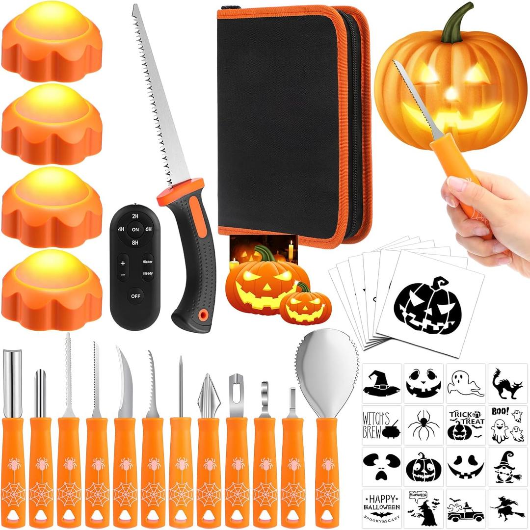 41 Pcs Halloween Pumpkin Carving Kit Include 12 Pcs Stainless Steel Carving Tools, 4 LED Lights with Remote, 24 Stencils and Double Sided Saw, DIY Decoration Supplies for Pumpkin