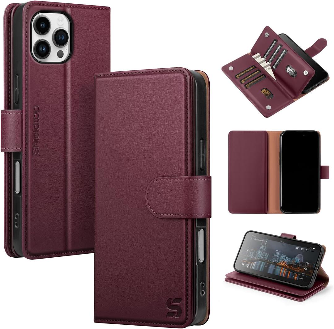 Compatible with iPhone 16 Pro Max Wallet Case with Card Holder,Women Men RFID Blocking PU Leather Folio Flip TPU Protective Cover Credit Card Slots,Phone Case for Apple 16 Pro Max,Wine Red