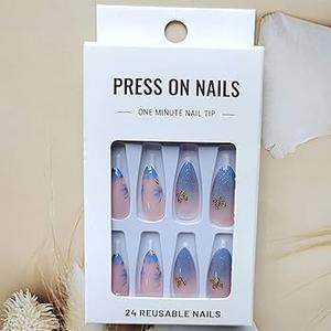 24Pcs French Tip Press On Nails - Medium Almond Glossy False Nails with Flower Designs, Full Cover Acrylic DIY Manicure, Pack Of 2
