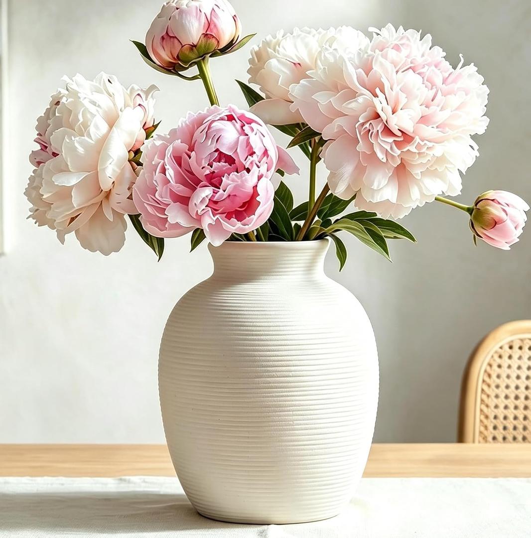 White Ceramic Vase for Flowers, 8in Waterproof Pottery Ceramic Vases