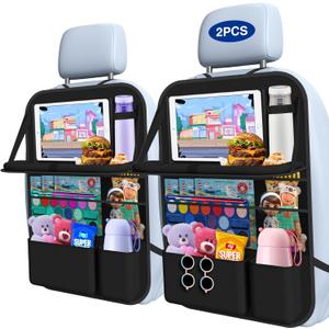Car Backseat Organizer with Table Tray(2-Pack) 9 Storage Pockets Backseat Car Organizer and storage with Tablet Holder, Kick Mats Back Seat Cover for Kids family Road Trip Essentials Travel (Black)