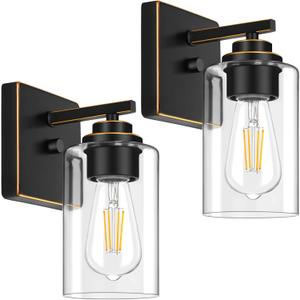 Set of 2 Wall Sconces for Bathroom, Modern Vanity Light Fixtures, Bronze Wall Mount Lighting Lanterns, Farmhouse Wall Lights with Clear Glass Shade for Bedroom Living Room Mirror Hallway Kitchen (Black Brushed Gold)