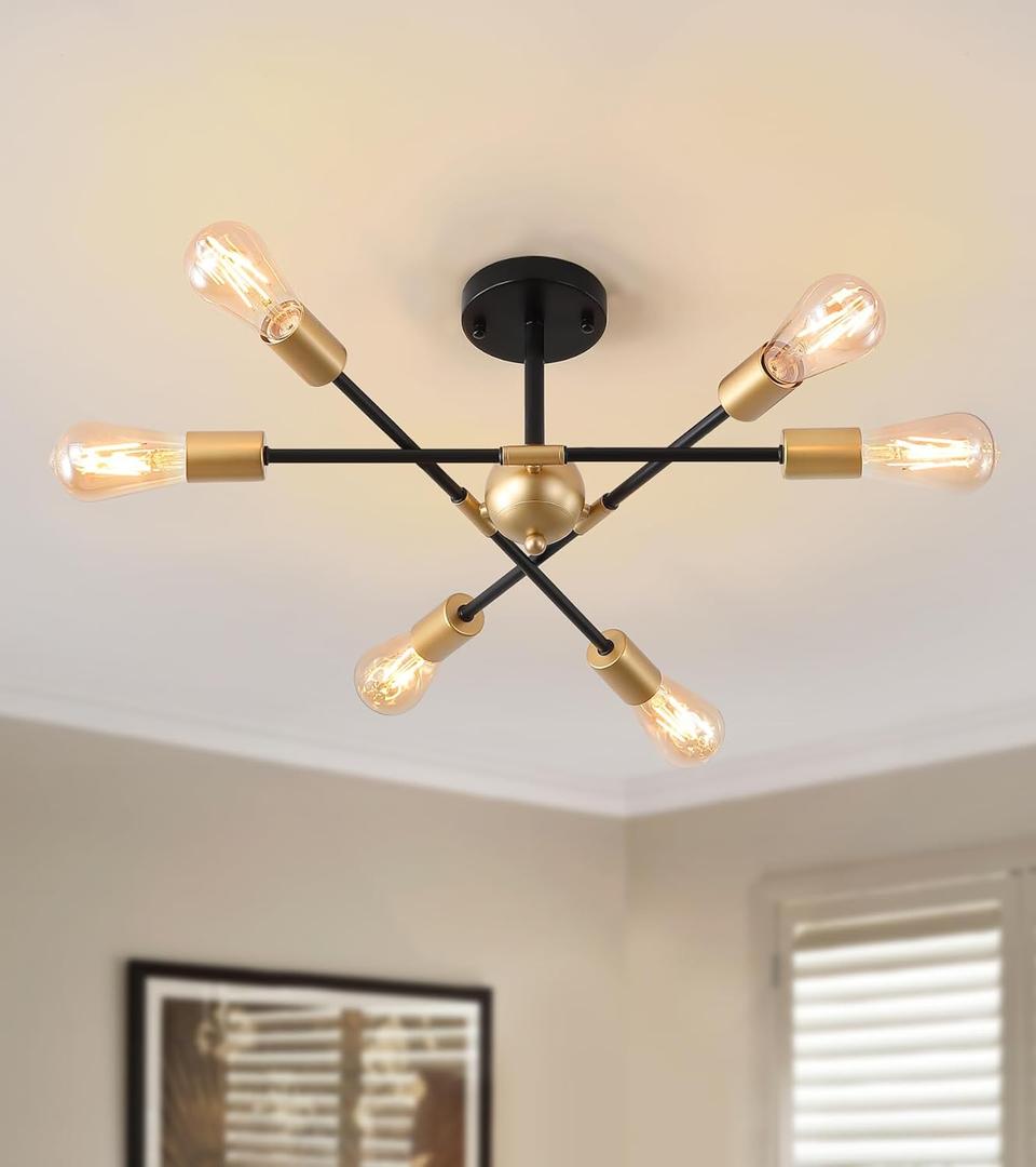 Modern Semi Flush Mount Ceiling Light Fixture Black and Gold Close to Ceiling Light 6-Light Sputnik Chandelier Light Fixture for Hallway Entryway Bedroom Kitchen Dining Room UL Listed