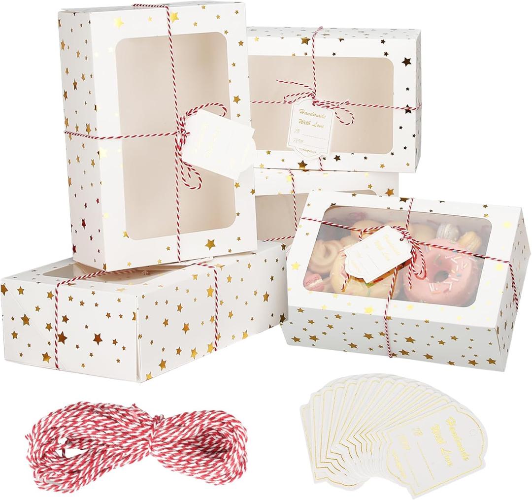 24 Sets Christmas Cookie Boxes with Window Treat and Pastry 9x6x3 Inches Gold Bakery Boxes Container for Gift Giving Christmas Chocolate Covered Strawberries,Donut,Mini Cake Packaging Boxes