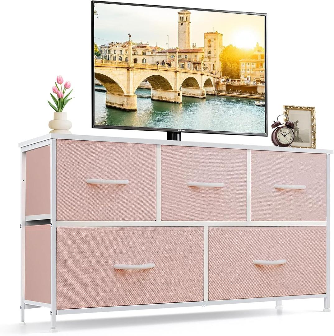 5-Drawer Dresser for Bedroom, Anti-Tip Wide Storage Organizer Fabric, 11.8"D x 39.4"W x 20.9"H