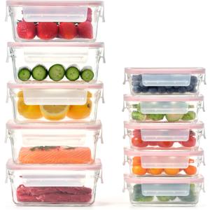 GLASSLOCK 10 pack Glass Meal Prep set (13oz & 34oz) - 100% Airtight & Leakproof, Dishwasher Safe, BPA Free lids, Freezer to Oven Safe, Lunch Bento Box, Pantry & Kitchen Storage