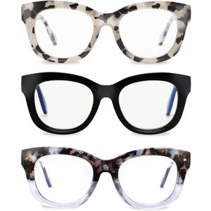 LADEESSE Readers for Women Oprah Style 3 Pack Square Oversized Reading Glasses with Spring Hinge Blue Light Blocking Ladies (Black+grey+blue)