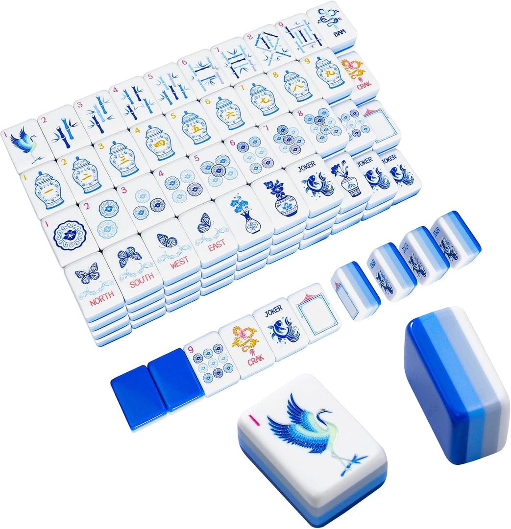 TIASUSAN American Mahjong Tile Set(4 Layer), 160 Blue Acrylic Engraved Tiles with Mahjong Tiles Bag and Mah-jongg Accessories
