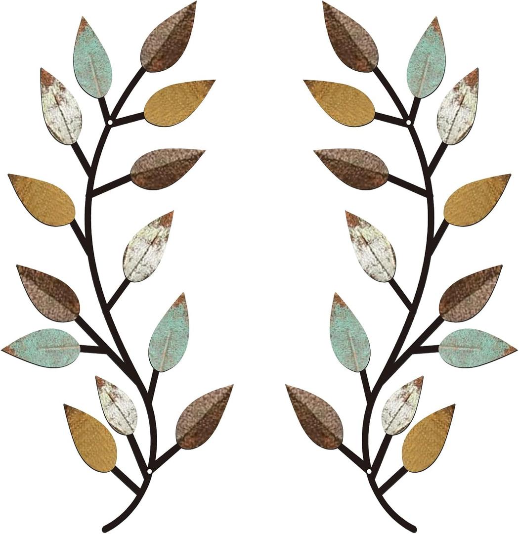 Zhengmy 2 Pieces Metal Tree Leaf Wall Decor Vine Olive Branch Leaf Wall Art Living Room, Hallway Wall Decor Outdoor Decoration(Bright Colors)