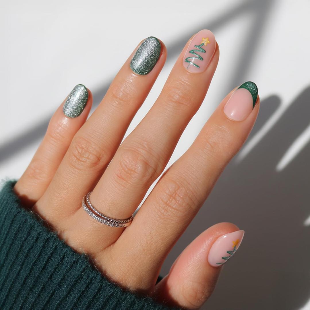 Glamnetic Press On Nails - Velvet Pine | Short Oval Fake Nails in Deep Green with French Tips, Tree Designs and a Velvet Finish, Salon Quality Holiday Nails | 15 Sizes - 30 Nail Kit with Glue