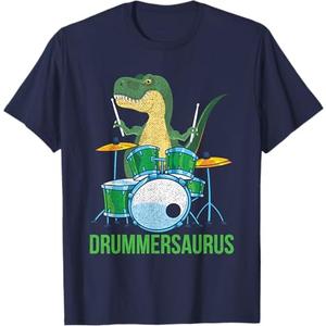 Funny Dinosaur Musician T Rex Drummer Boys Gift Drums T-Shirt Small, Navy Blue, M