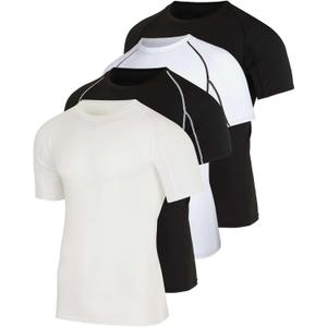 4 Pack: Mens Short Sleeve Shirts Compression Base Layer Thermal Undershirt Slimming Black Active Athletic T-Shirt Dry Fit Workout Sports Rashguard Gym Running, 4XL Tall