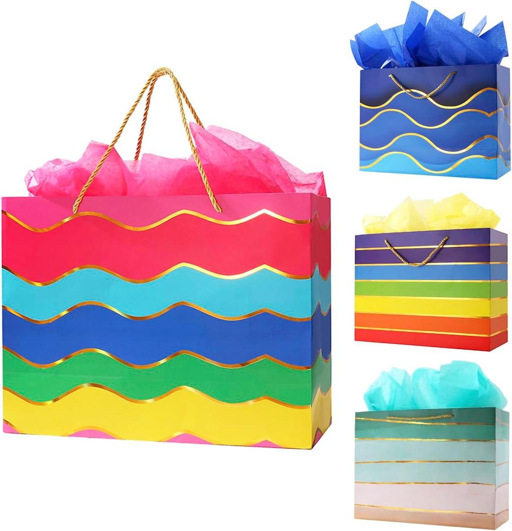 Cmecial 16" Extra Large Gift Bags with Tissue Papers, Multicolor Striped, 4 Pack, Rainbow Theme, Multiple Occasions