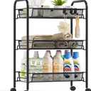 Metal Rolling Utility Cart, 3-Tier Mesh Wire Storage Trolley with Easy Assembly, Organizer Craft Cart 3 Hooks, Mobile Shelving Unit for Kitchen, Bathroom, Laundry Room, and Home (Black)
