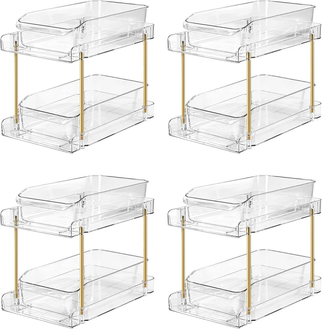 LAREKUN4pack 2-Tier Organizer & Storage Unit Stackable Bathroom Cabinet Organizer Pull-Out Kitchen Pantry Organizer & Storage System Suitable for Countertops, Pantries, Kitchens, Bathrooms