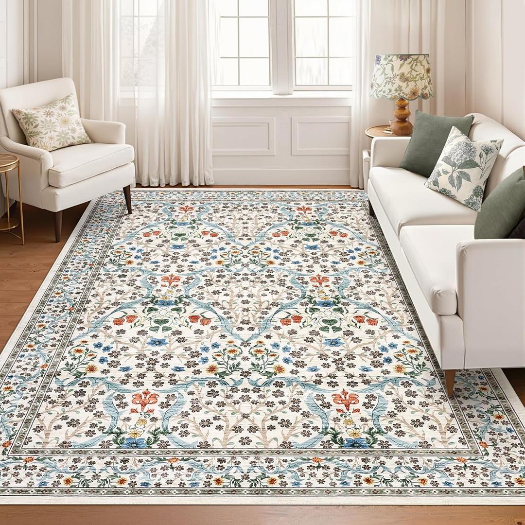 GarveeHome Washable Rug for Living Room, 9x12 Large Area Rug for Dining Room Under Table, Bedroom, Floral Soft Low Pile Non Slip Stain Resistant Carpet for Nursery, Playroom, Office, Beige