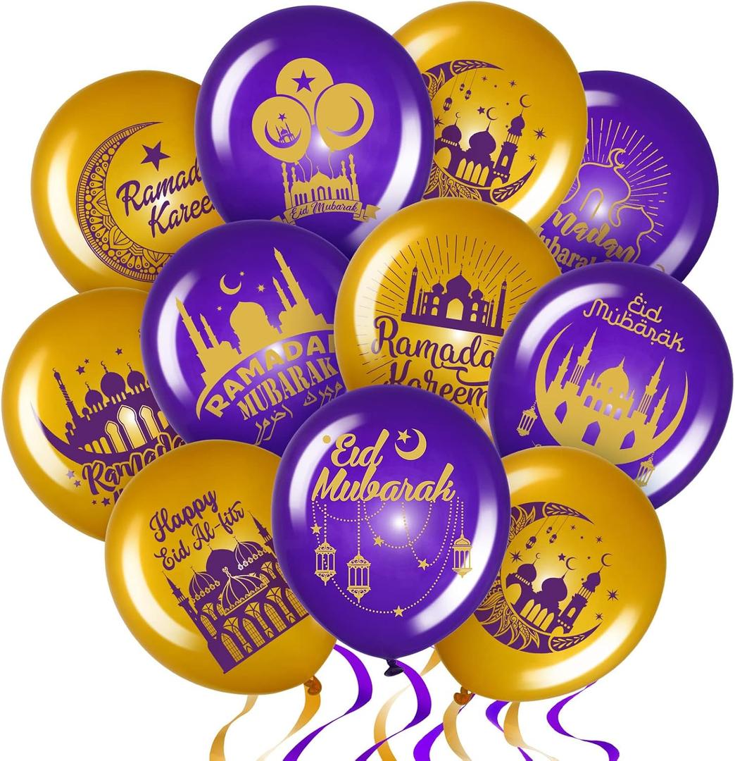 Zomiboo 40 Pieces Ramadan Mubarak Balloons Eid Mubarak Party Decoration Happy Eid al-Fitr Latex Balloons Set for Home Event Indoor Outdoor Ramadan Kareem Decor Eid al-Adha Supplies(Purple Gold)
