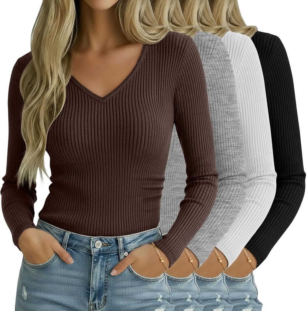 4 Pack Women Long Sleeve Shirts, 95% Cotton V Neck Ribbed Knit Tops Fitted Lightweight Basic Going Out Shirts (Medium, Black, White, Light Gray, Brown)