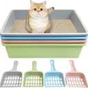 Kathson 4PCS Medium Open Cat Litter Box with Scoop, Durable Non-Stick Plastic Litter Pan for Cats, Puppies, Bunnies, and Small Animals, 15 x 11 x 4 Inches
