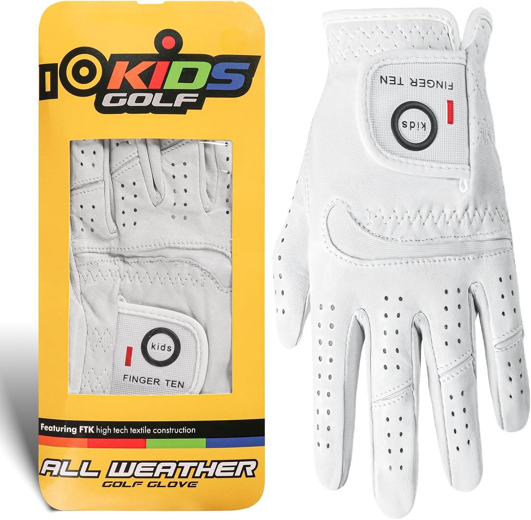 FINGER TEN All Premium Cabretta Leather Golf Gloves 1 Pack for Kids Boys Girls Toddler Youth Junior, Comfortable Soft Glove Breathable Grip Fit Left Hand for Right Handed Golfer (Medium, White)