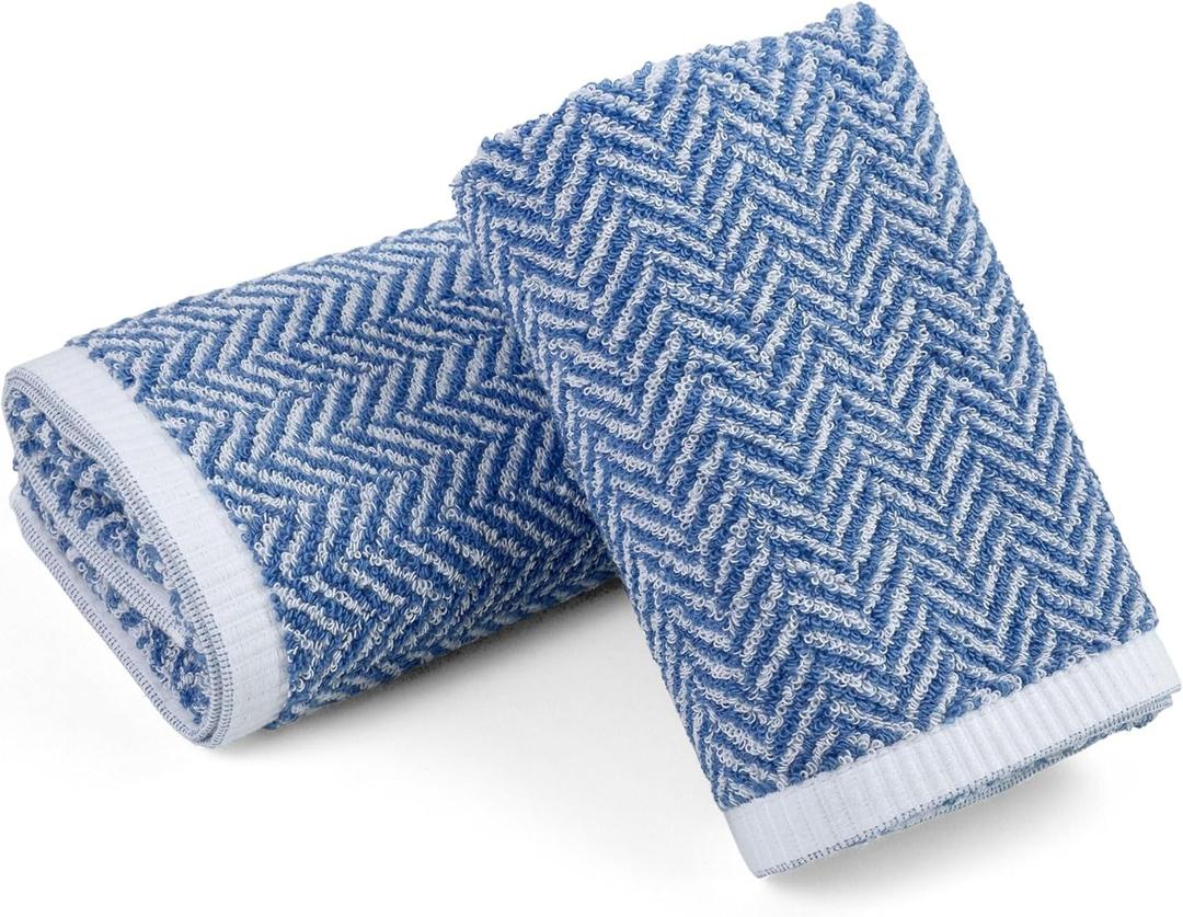 Cleanbear Hand Towels for Bathroom with Decorative Herringbone Stripes, 100% Cotton, 13 x 28 Inches, Light Blue, 2 Pack