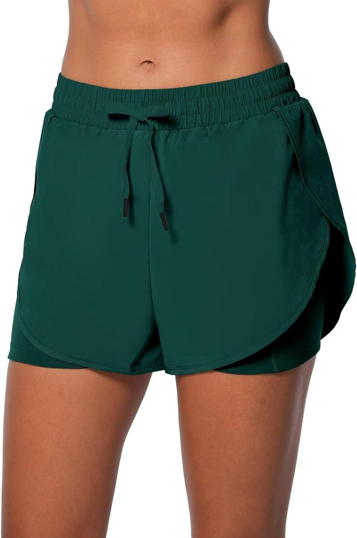 Sunzel 2 in 1 High Waist Running Shorts for Women Quick Dry Elastic Athletic Shorts with Pocket and Drawstring Workout Summer (Green, S)