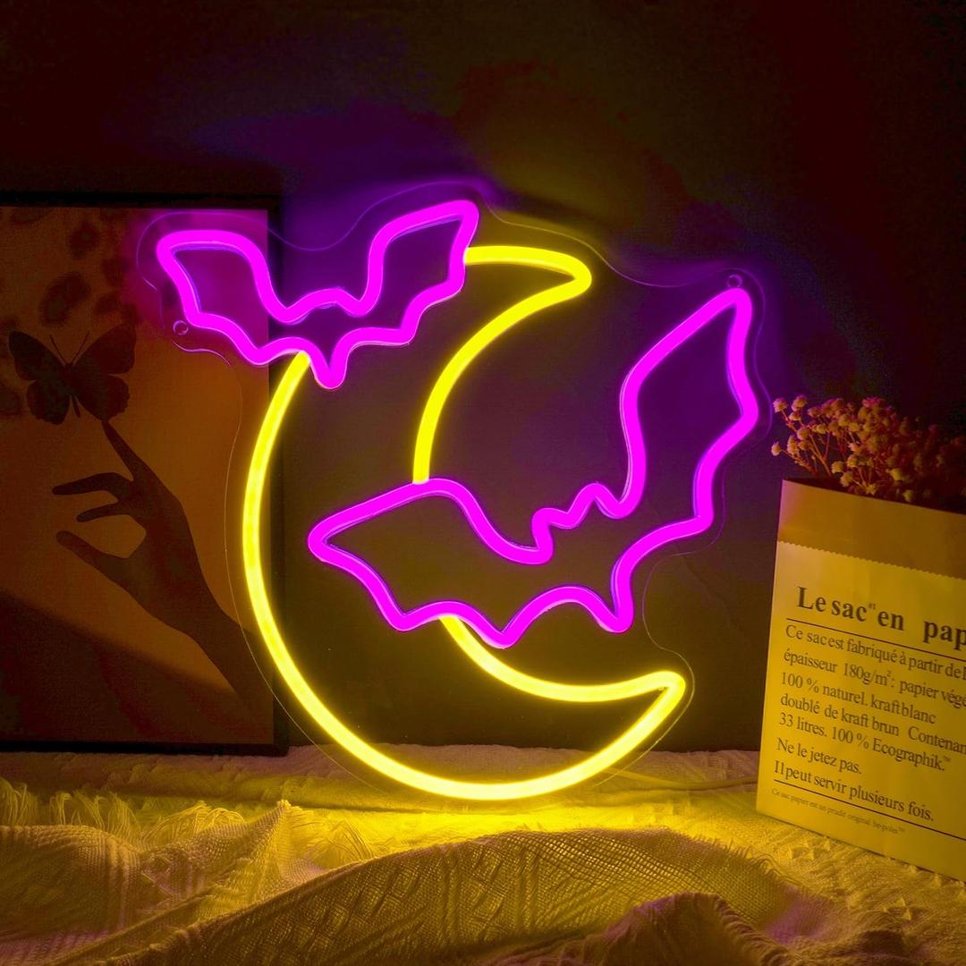 Halloween Decorations Neon Signs, Moon and Bat LED Light,Neon Light up Halloween Party, USB Powerd Gothic Neon Lamp for Festival Wall Decor, Bar, Bedroom,Living room, Wedding,Halloween