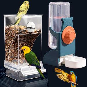 Kenond No Mess Bird Feeder Water Dispenser Set, Automatic Parrot Feeder Cage Accessories, Clear Parakeet Seed Container Food Drinker for Cage, Cockatiel Finch Lovebirds Budgies Canary (Blue)